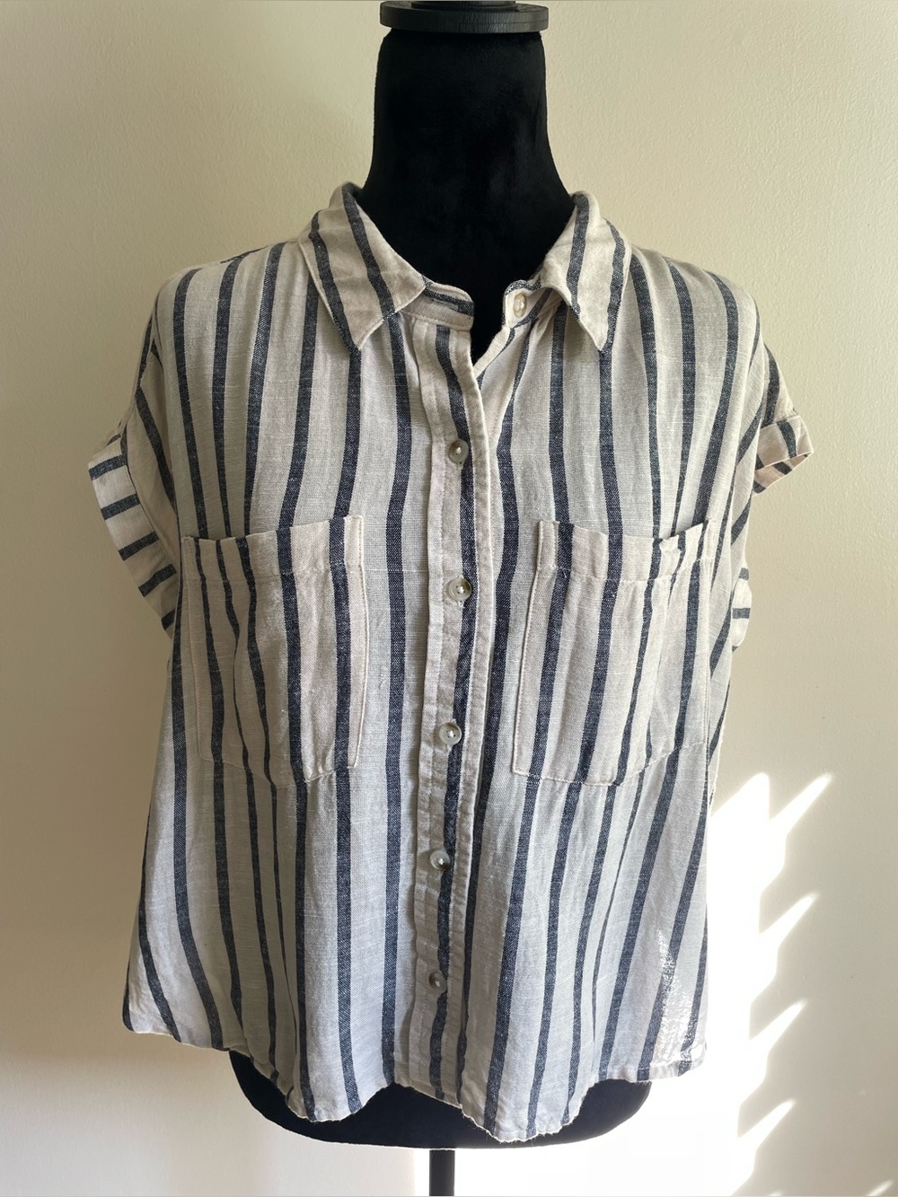 Midnight Sky Boxy Linen Blend Striped Button Front Sleeveless Shirt Size M